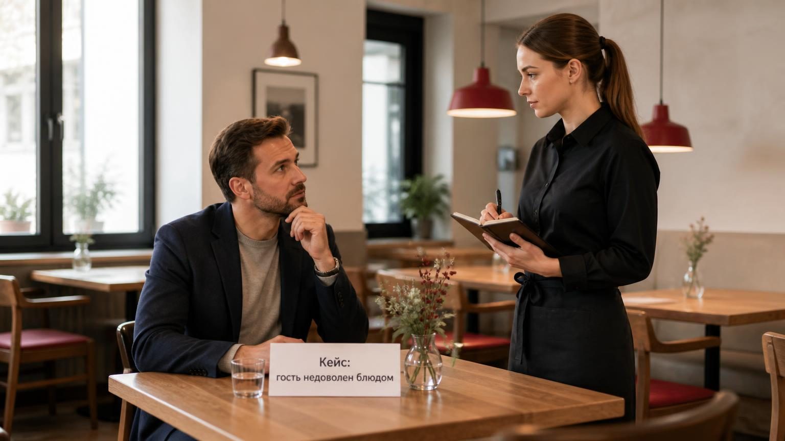 Ролевой кейс на собеседовании: управляющий сидит за столом в пустом зале в роли гостя, кандидат стоит рядом с блокнотом. На столе табличка с надписью «Кейс: гость недоволен блюд…