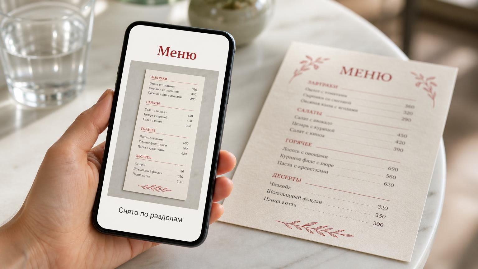 Смартфон в руке, на экране открыто фото страницы меню из карточки заведения, рядом лежит оригинальный печатный лист. Видно разницу в читаемости. Надписи: на экране заголовок «Ме…