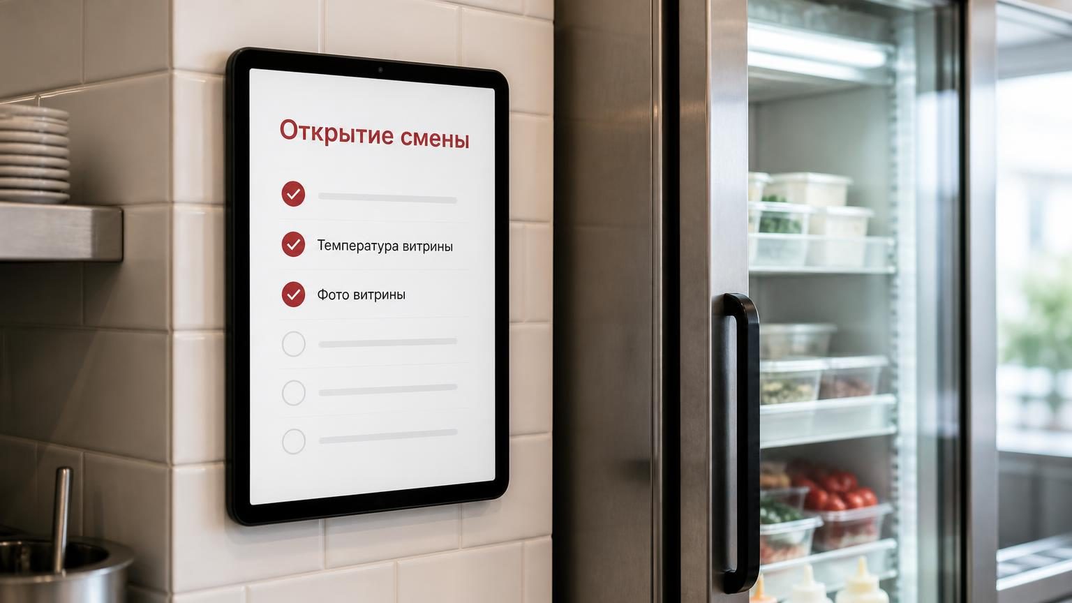 Планшет на кухонной стене рядом с холодильником, на экране список задач открытия смены с галочками, часть пунктов отмечена. Надписи: заголовок «Открытие смены», пункты «Температ…