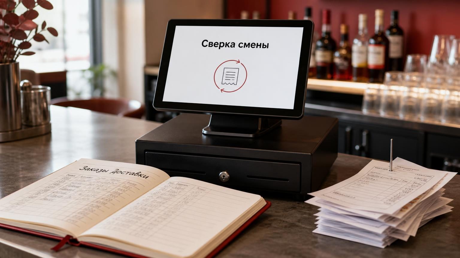 Касса на барной стойке в момент пересменки, рядом бумажный журнал заказов и стопка накладных — иллюстрация того, как учёт раздваивается. Надписи: заголовок на экране «Сверка сме…