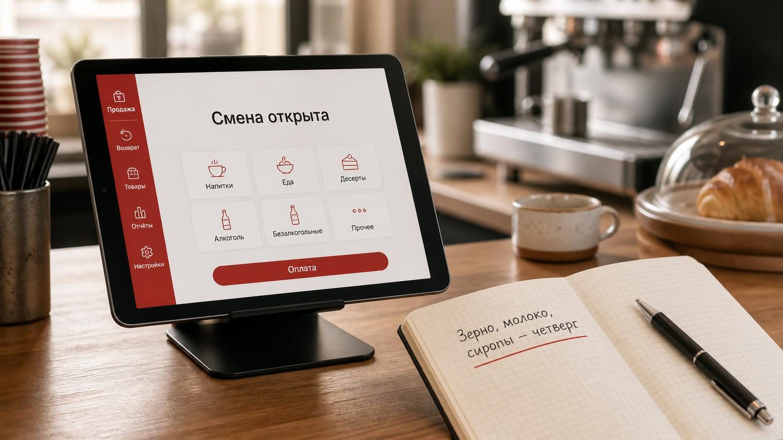 Планшет с кассовым приложением на стойке, рядом раскрытая тетрадь инвентаризации. Крупный план, рабочее утро. Надписи: на экране «Смена открыта», в тетради строка «Зерно, молоко…