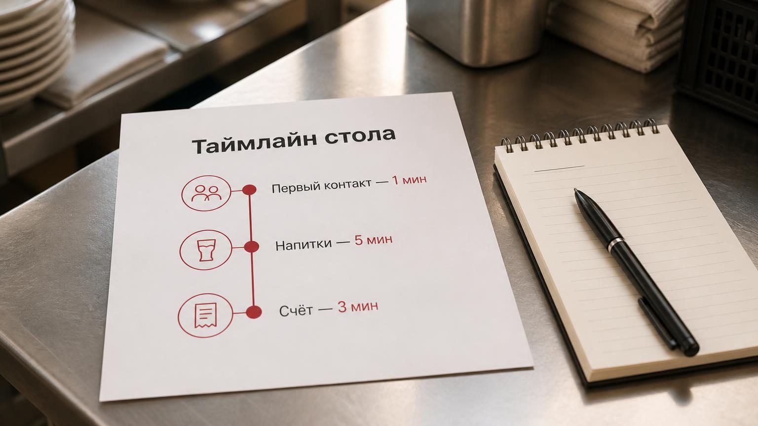Лист с таймлайном смены на столе в подсобке, рядом ручка и блокнот официанта. Надписи: заголовок «Таймлайн стола», строки «Первый контакт — 1 мин», «Напитки — 5 мин», «Счёт — 3 …