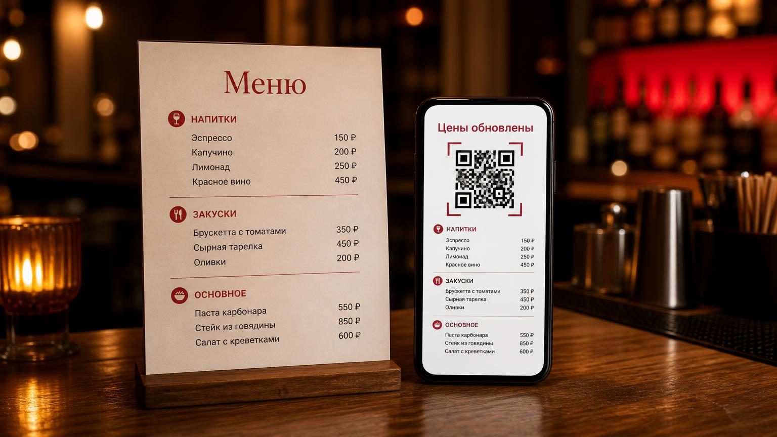 Два меню рядом на барной стойке: печатный лист и телефон с открытой QR-картой, цены на обоих совпадают. Тёплый свет, вечер. Иллюстрирует мысль про единый источник данных. Надпис…