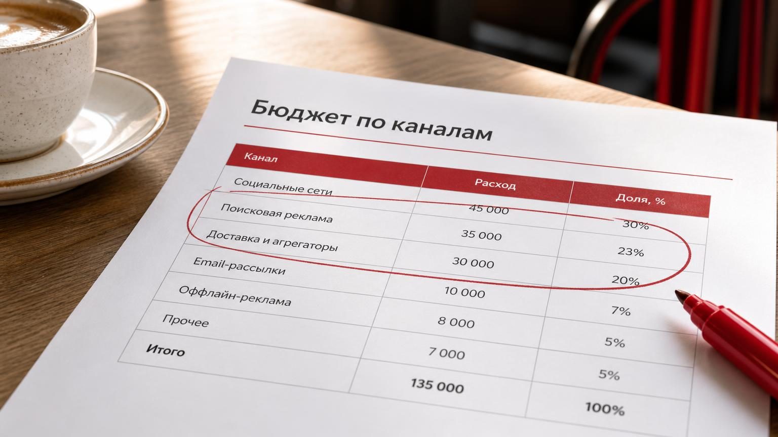 Крупный план распечатанной таблицы бюджета на столе кафе, рядом чашка и маркер, часть строк обведена. Надписи: заголовок таблицы «Бюджет по каналам», колонки «Канал», «Расход», …