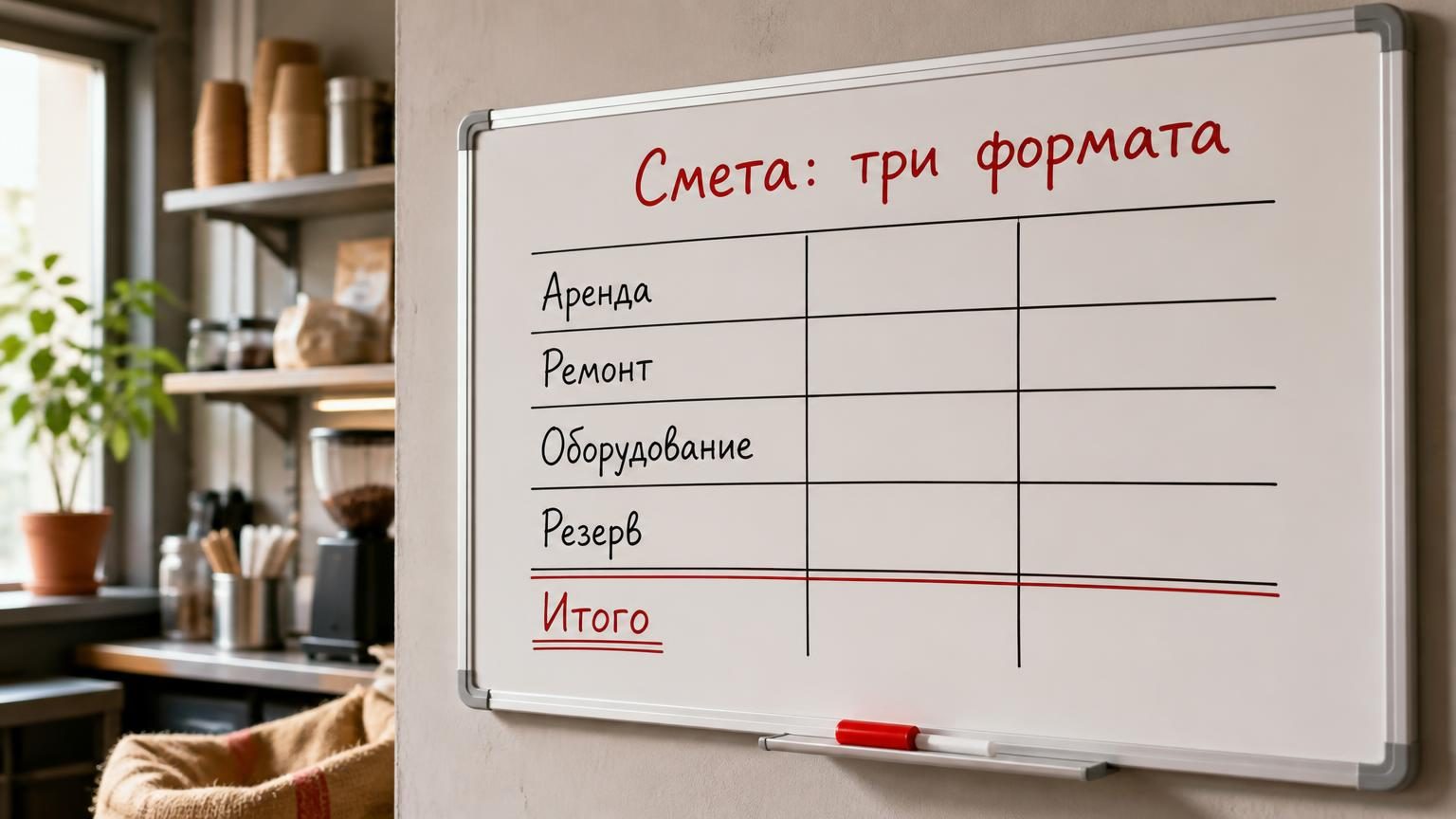 Крупный план: маркерная доска в подсобке кофейни, на ней от руки нарисована таблица с тремя колонками и подчёркнутой итоговой строкой. Надписи: заголовок «Смета: три формата», с…