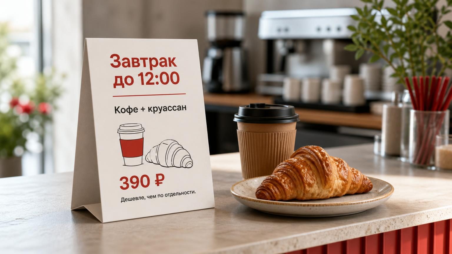 Стойка кофейни, тейбл-тент с составом комбо, рядом собранный набор: напиток и выпечка. Крупность средняя, свет дневной. Надписи: на тейбл-тенте заголовок «Завтрак до 12:00», стр…