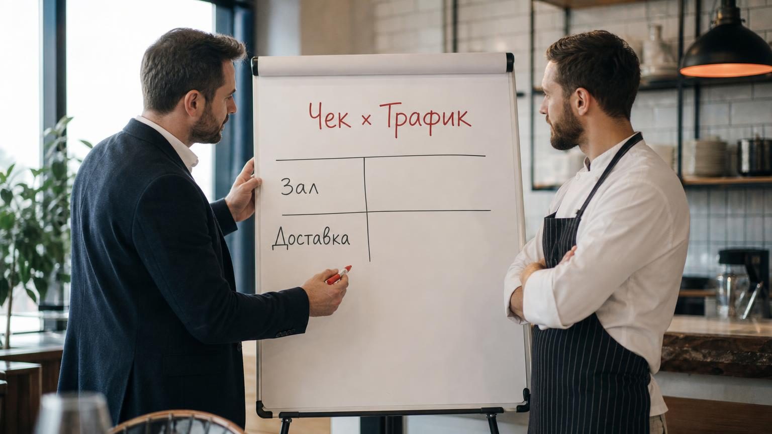 Планёрка управляющего с шеф-поваром у доски: на флипчарте от руки нарисована таблица с двумя колонками. Надписи: заголовок «Чек × Трафик», подписи строк «Зал» и «Доставка».