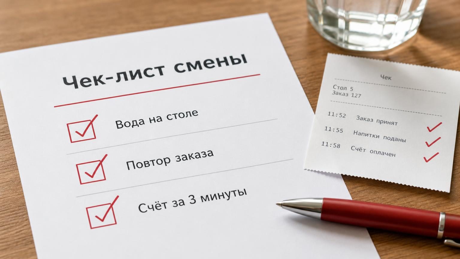 Крупный план распечатанного чек-листа смены на столе с галочками от руки, рядом ручка и кассовый чек с отметками времени. Иллюстрирует переход от текста к ежедневной проверке. Н…