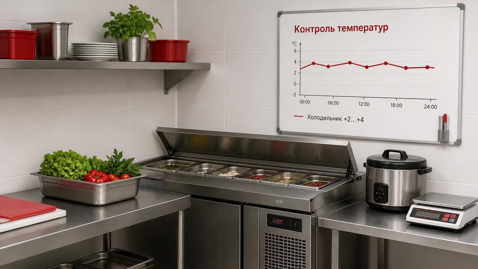 Компактный холодный цех: стол из нержавейки, холодильный стол с гастроёмкостями, рядом рисоварка и весы, на стене доска с графиком температур. Крупность — средний план, свет раб…