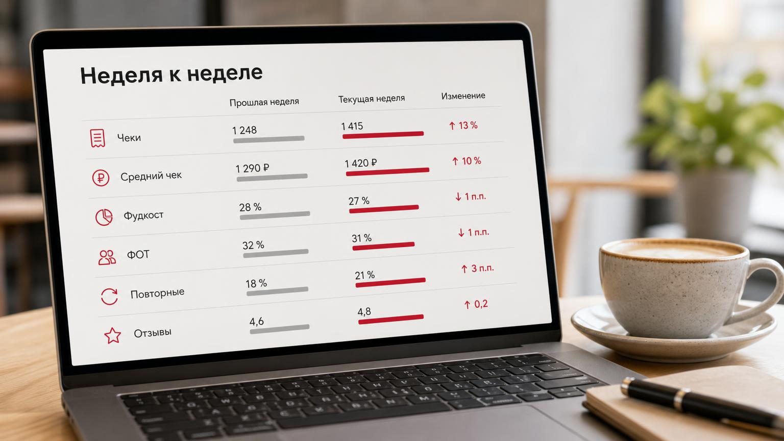 Крупный план экрана ноутбука с простым недельным отчётом: шесть строк показателей и колонки сравнения, рядом чашка кофе и ручка. Надписи: заголовок «Неделя к неделе», подписи ст…