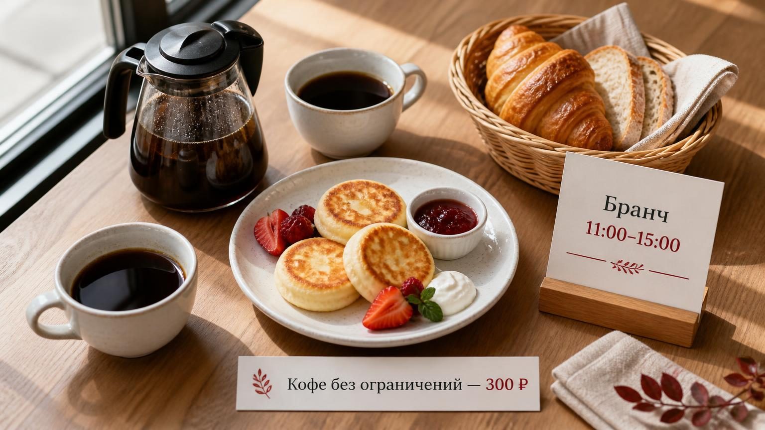 Стол бранча сверху: кофейник, две чашки фильтра, сырники, хлебная корзина, рядом карточка-подставка с ценой. Настроение дневное, свет из окна.