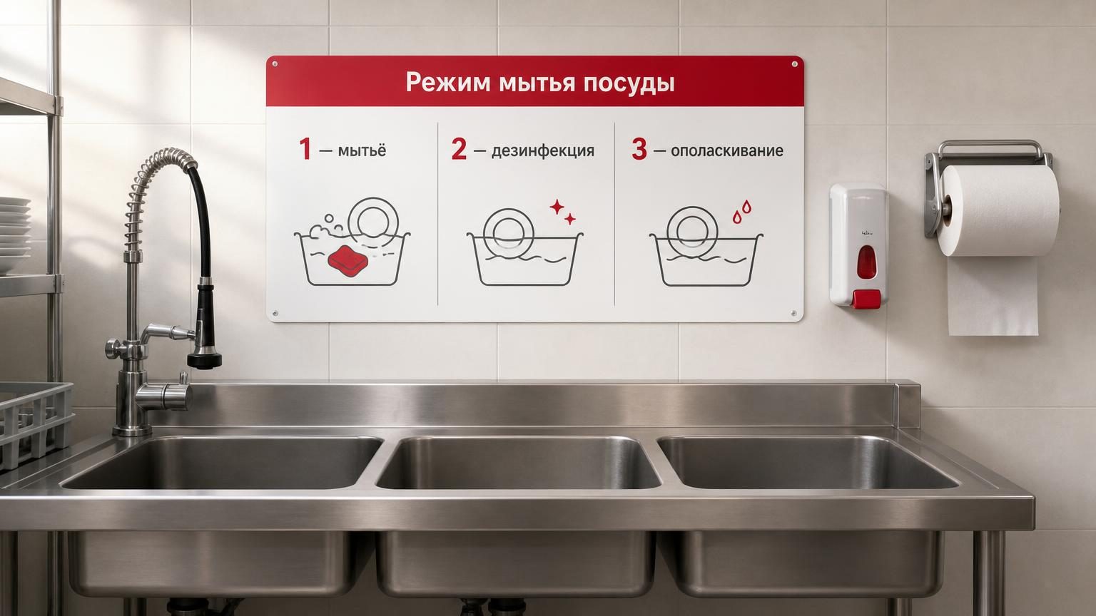 Трёхсекционная моечная ванна из нержавейки, над ней на стене ламинированный лист с инструкцией, рядом дозатор мыла и рулон бумажных полотенец. Надписи: заголовок листа «Режим мы…