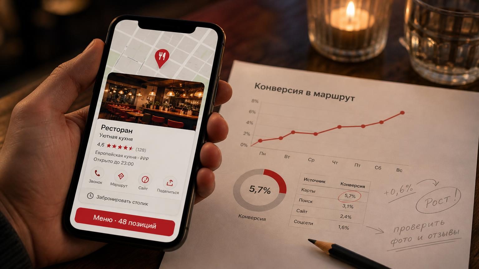 Телефон в руке с открытой карточкой заведения на карте, рядом на столе распечатка с цифрами и карандашные пометки. Крупный план, вечернее освещение. Надписи: на экране телефона …
