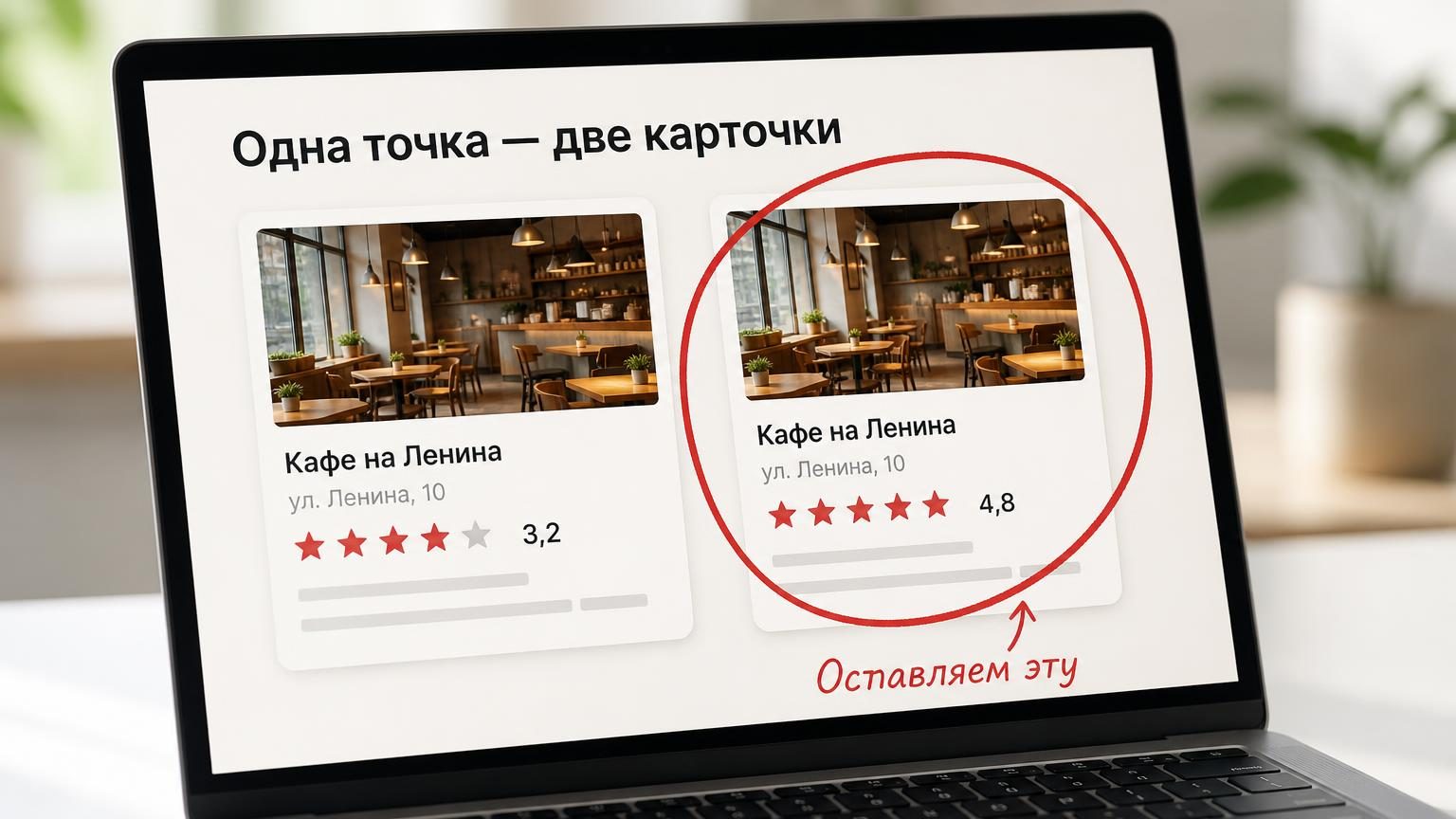 Экран ноутбука крупно: две почти одинаковые карточки заведения по одному адресу, на обеих разный рейтинг, одна обведена маркером на стекле. Надписи: заголовок «Одна точка — две …