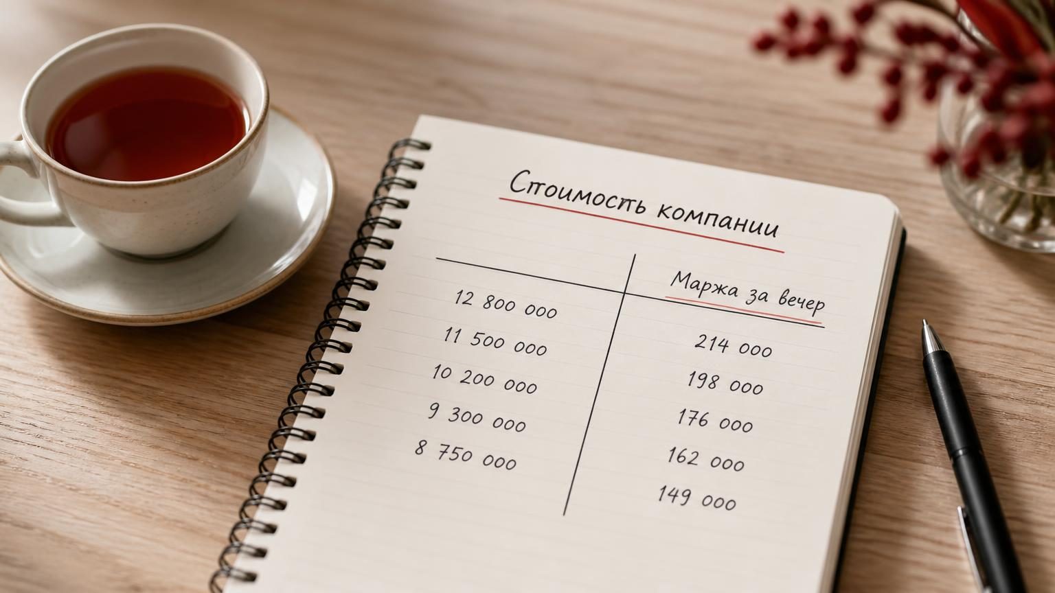 Блокнот управляющего на столе рядом с чашкой чая, от руки расчерчена таблица из двух колонок с цифрами. Надписи: заголовок «Стоимость компании», подпись второй колонки «Маржа за…