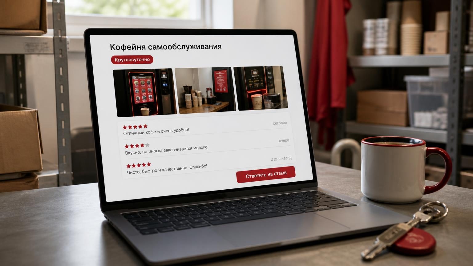 Ноутбук на столе в подсобке, на экране — карточка точки с фотографиями интерфейса автомата и лентой отзывов, рядом кружка и связка ключей от автомата. Надписи на экране: «Кофейн…