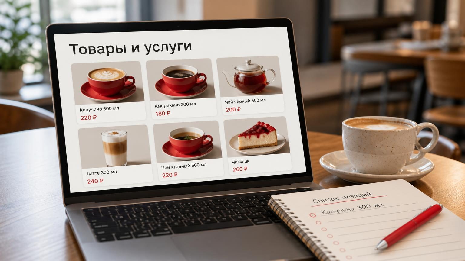 Ноутбук на столе кофейни, на экране — карточка заведения с сеткой фотографий напитков и ценами, рядом блокнот со списком позиций и чашка. Крупность средняя, фокус на экране. Над…
