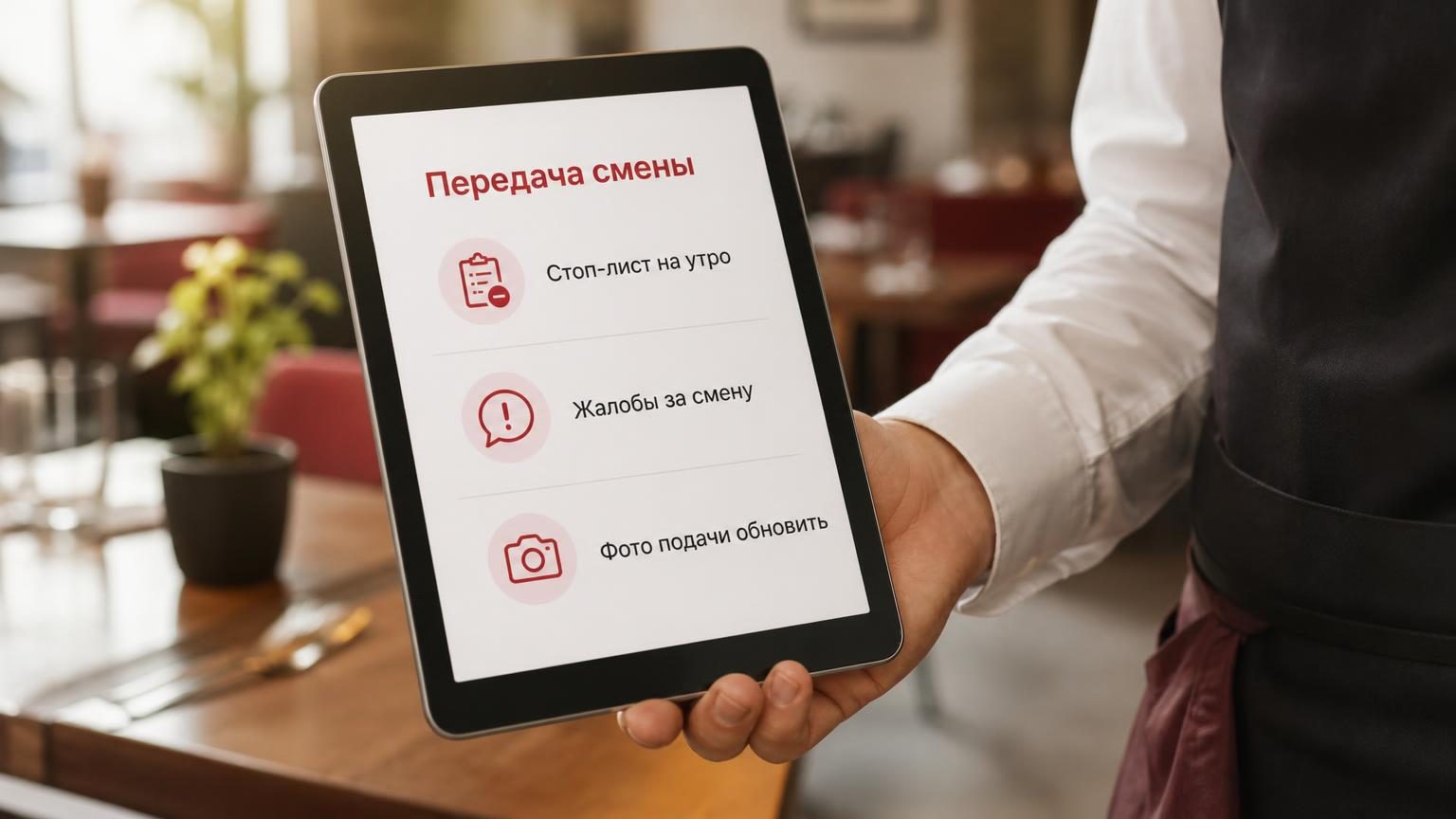 Крупный кадр: рука официанта держит планшет со служебным экраном, где список пунктов. Надписи на экране: заголовок «Передача смены», строки «Стоп-лист на утро», «Жалобы за смену…