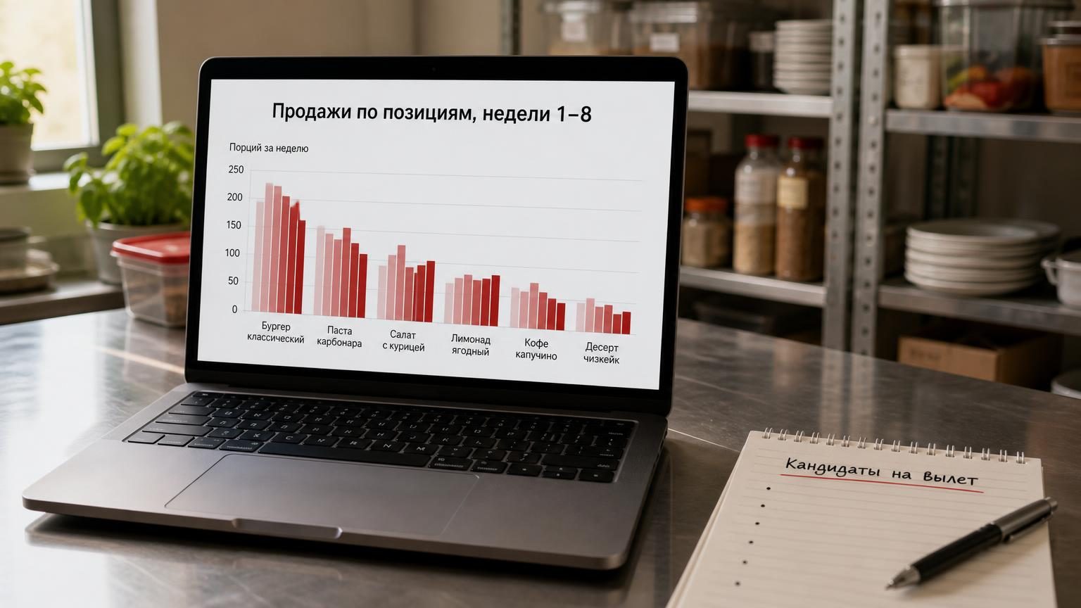 Ноутбук на столе в подсобке, на экране таблица продаж по позициям со столбиками, рядом блокнот с пометками. Надписи: заголовок на экране «Продажи по позициям, недели 1–8», подпи…
